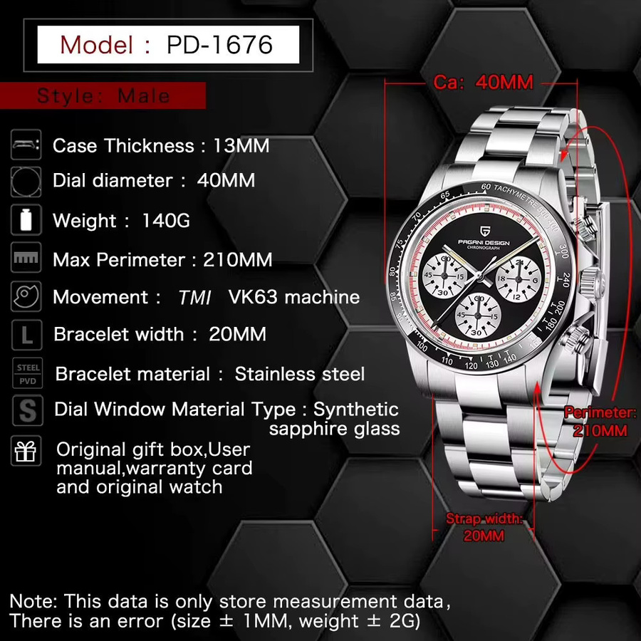 PAGANI DESIGN Chronograph, Quarz, Edelstahl, 40 mm, Schwarz, Herren - Bild 5