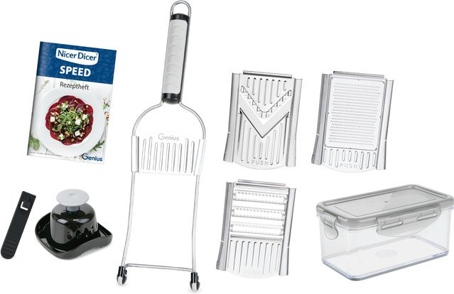 Genius Nicer Dicer Gemüsehobel und Gemüseschneider mit 3 Speed-Einsätzen, 9-teilig, Silber - Bild 1