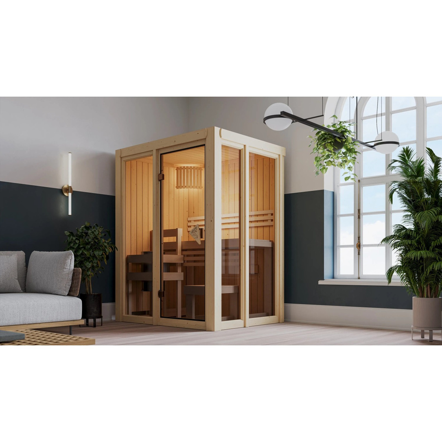 Karibu Sauna Vaira 1 mit Ganzglasfront in Naturbelassen Braun - Bild 2