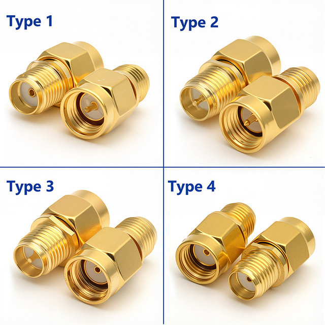 SMA zu SMA und RP-SMA zu SMA RF Koaxial Adapter Set, gerade Stecker und Buchsen, Farbe: Gold - Bild 1