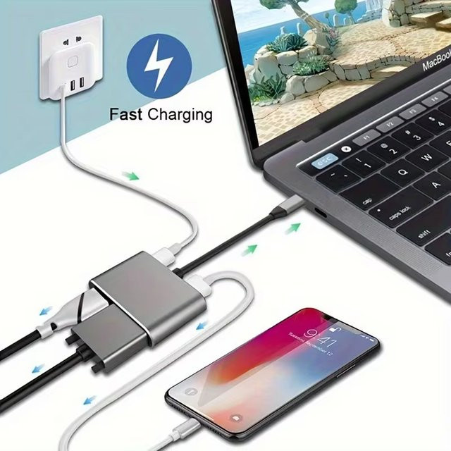 4-in-1 USB-C Multiport-Hub-Adapter Dockingstation in Grau mit 4K HDMI, VGA und 100W PD Schnellladung für MacBook Pro Air und Laptops - Bild 1