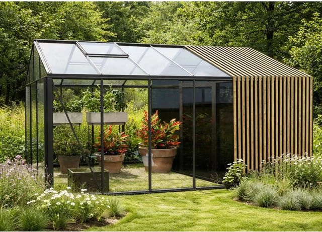 Bloomcabin Gewächshaus Klassik mit Accoya-Fusion und integriertem Stauraum in Schwarz mit Sicherheitsglas und Belüftungssystem - Bild 1