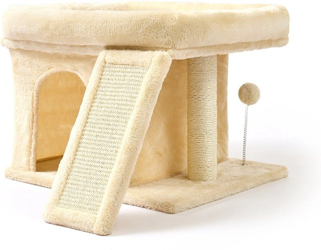 Relaxdays Kratzbaum aus MDF und Sisal in Beige mit Höhle, Liegefläche und integriertem Spielzeug, B/T/H: 54 x 38,5 x 45 cm - Bild 1