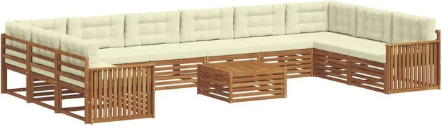 vidaXL Sofagarnitur aus Massivholz Akazie in Natur und Creme, 11-teiliges U-Form Sofa Set mit Polsterung und Kissen - Bild 1