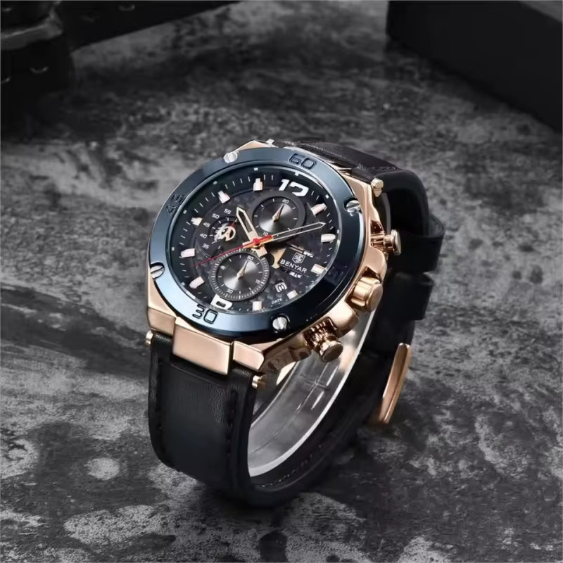 BENYAR Chronograph Armbanduhr, Quarz, Leder, Schwarz, Herren - Bild 3