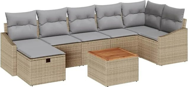 vidaXL Garten-Sofa-Set aus Poly-Rattan in Beige, 8-teiliges L-Shape Lounge-Set mit Kissen, Ottoman und Couchtisch inklusive Kissen-Stauraum - Bild 1