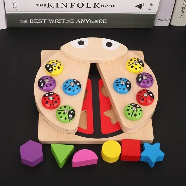 Magnetisches Angelspiel aus Holz in Marienkäfer-Form mit bunten Tier-Puzzle-Bausteinen zur frühkindlichen Förderung - Bild 1