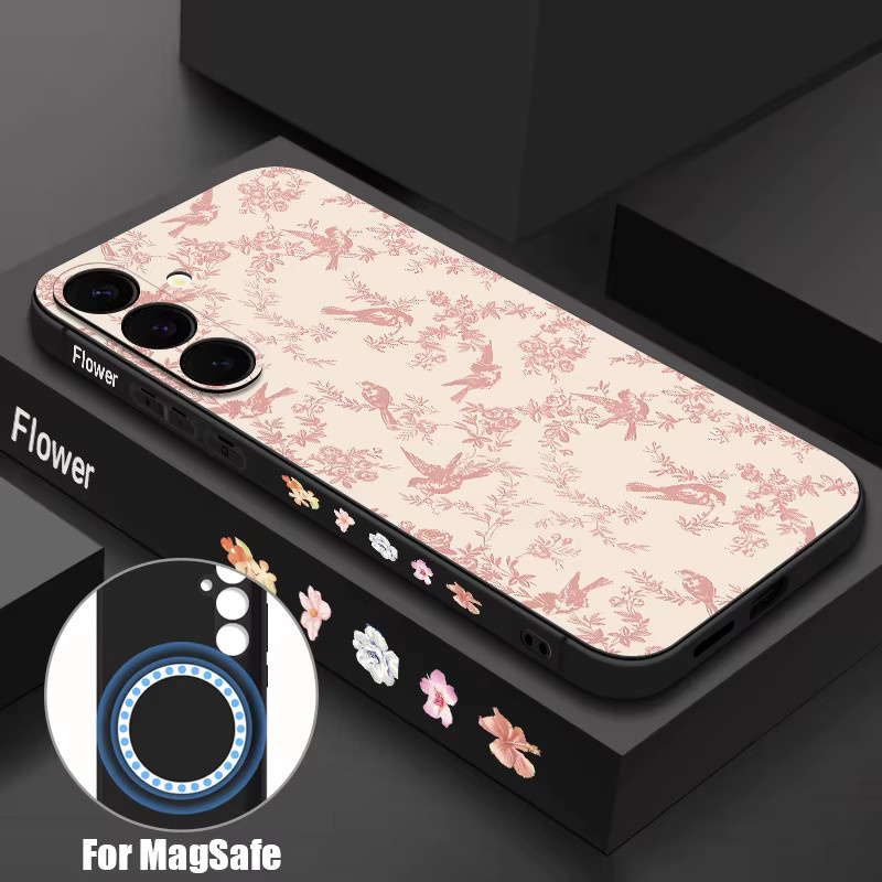 MOESOE Magnetische Handyhülle mit Retro Vogel Pflanzen Druck für Samsung Galaxy S25 S24 FE S24 S23 S22 Ultra Plus, MagSafe kompatibel, Softcover, Multicolour/Weiß - Bild 2