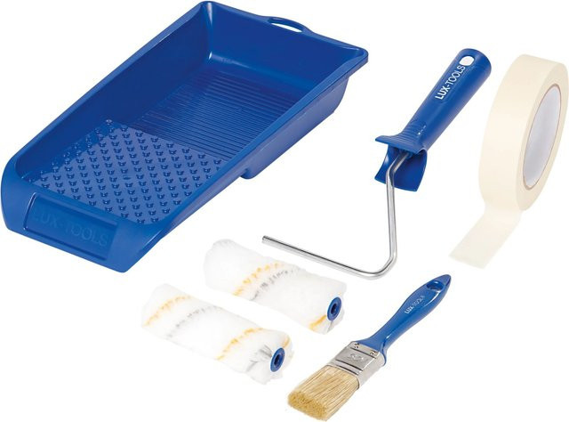 LUX-TOOLS 6-teiliges Streichset in Grau-Gold mit Rolle, Wanne, Pinsel und Abklebeband - Bild 1