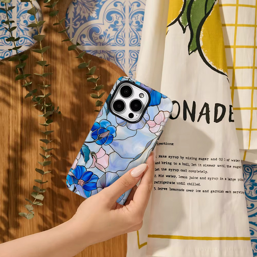 Blau-rosa Buntglas-Blumen-Handyhülle mit doppellagiger Rückseite für iPhone 17 Pro Max Plus 16 15 14 13 12 11 und iPhone 17AIR 16E - Bild 4