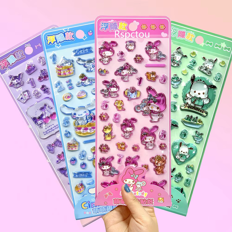 4 Stück Sanrio 3D-Kristallaufkleber mit Pochacco, Cinnamoroll, My Melody und Kuromi als ästhetische Cartoon-Relief-Sticker - Bild 1