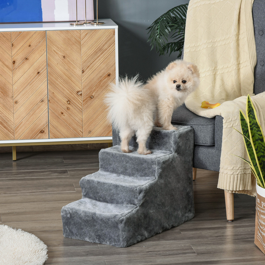 PawHut Haustiertreppe Aosom 4-stufige Hunderampe und Katzentreppe aus Spanplatte mit abnehmbarem Plüschbezug, Grau, B/T/H: 60 x 35 x 44 cm - Bild 2