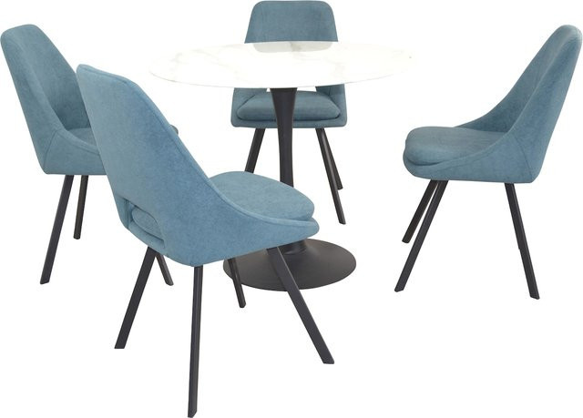 Möbel direkt online 5-teilige Tischgruppe mit rundem Esstisch in Marmoroptik und 4 Stühlen aus Sicherheitsglas und Metall in Schwarz oder Weiß - Bild 1