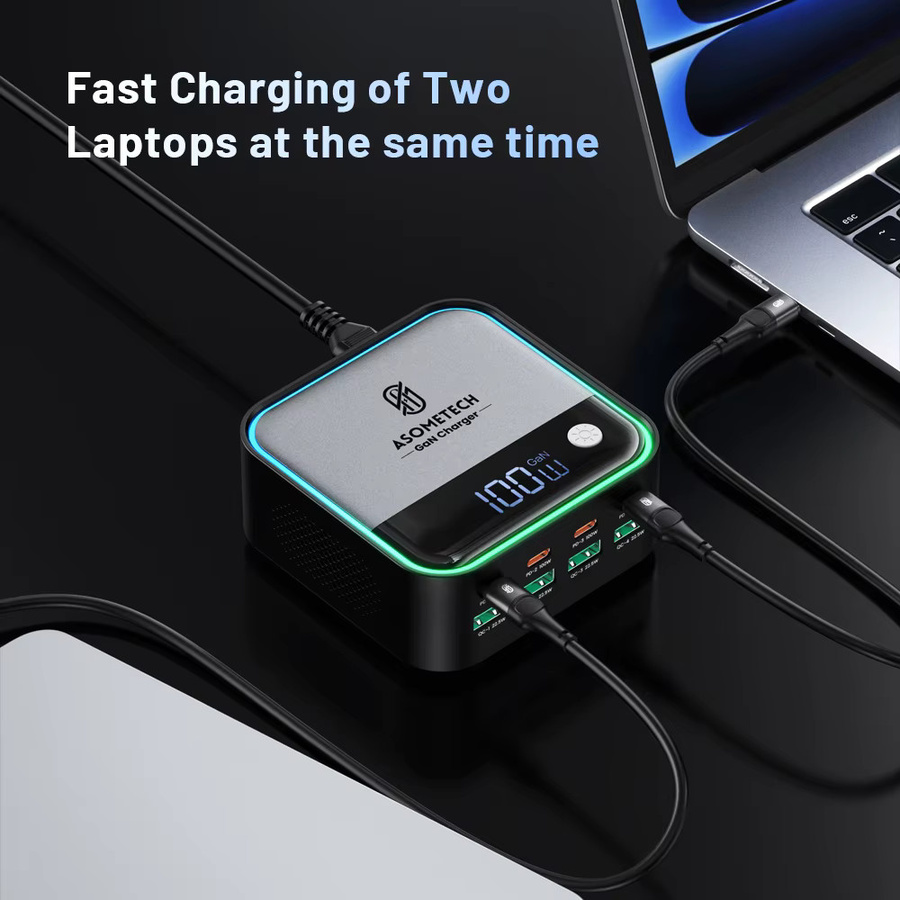 ASOMETECH 8-Port GaN USB C Schnellladegerät mit LED-Anzeige, 100 W PD Ladestation in Schwarz für iPhone 15, Samsung und MacBook - Bild 3