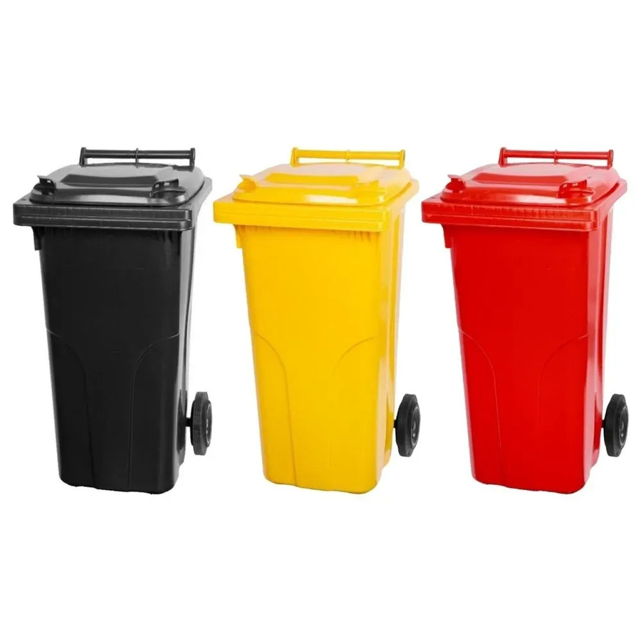 PROREGAL SuperSparSet 3er-Pack Mülltonnen mit 2 Rädern aus HDPE-Kunststoff, 120 Liter, Farben: Grau, Schwarz, Gelb und Rot - Bild 2