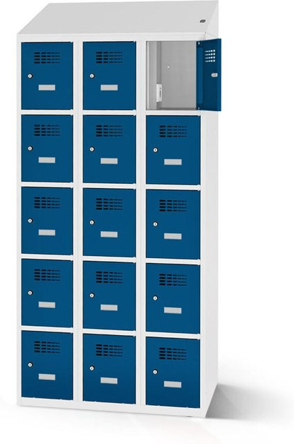 rotstahl Fächerschrank mit 15 Fächern und Ladefunktion, Farbe Dunkelblau, Korpus Lichtgrau, B: 90 cm, H: 200 cm - Bild 1