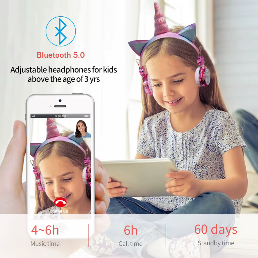 QearFun Bluetooth Einhorn-Kopfhörer für Kinder in Pink mit Mikrofon und Stereo-Sound - Bild 2