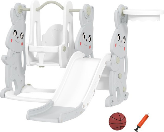 AIYAPLAY Kinderrutsche 4-in-1 mit Schaukel, Klettergerüst, Basketballkorb, Hasendesign, Grau, 1,5-4 Jahren