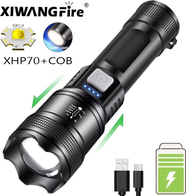 XIWANGFIRE Taktische LED-Taschenlampe mit XHP70-LED, 5000 lm, Schwarz, mit wiederaufladbarem 18650-Akku und Teleskop-Zoom - Bild 1