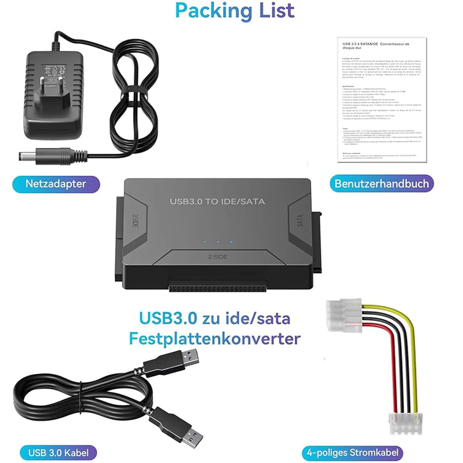 Congdi USB 3.0 IDE SATA Adapter, universelles Festplattenleser-Kit für 2,5 und 3,5 Zoll HDD/SSD, externer Festplattenadapter für PC und Macbook, Farbe: Schwarz - Bild 5