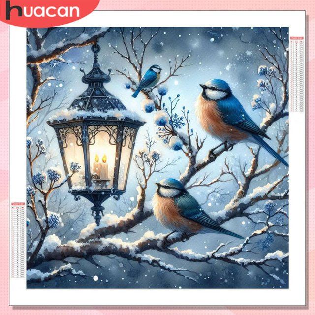 HUACAN Diamant-Gemälde Vogel Motiv mit runden Diamanten als Wanddekoration für dein Zuhause im Winter-Design - Bild 1