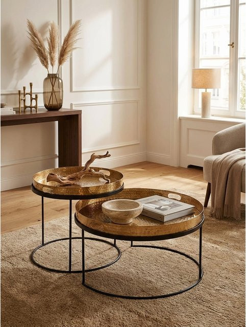 KADIMA DESIGN Couchtisch 2er Set Metall Rund Hammerschlag mit abnehmbarem Tablett, Gold, B/T/H: 56 x 56 x 33 cm - Bild 1