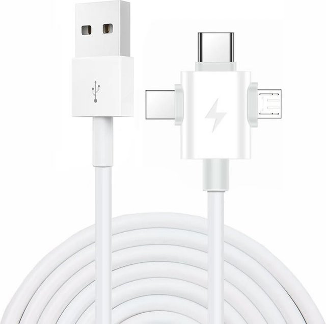 3-in-1 USB Schnelllade-Handy-Datenkabel für Micro-USB, USB-C und Lightning in Weiß, 1,5 m Länge - Bild 1