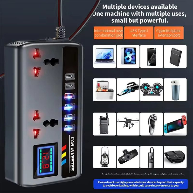 kebidumei Auto-Wechselrichter 200W von DC 12V/24V zu AC 220V mit PD+QC3.0 Dual Typ C und 4 USB-Anschlüssen als 9 in 1 Ladegerät für den Zigarettenanzünder - Bild 5