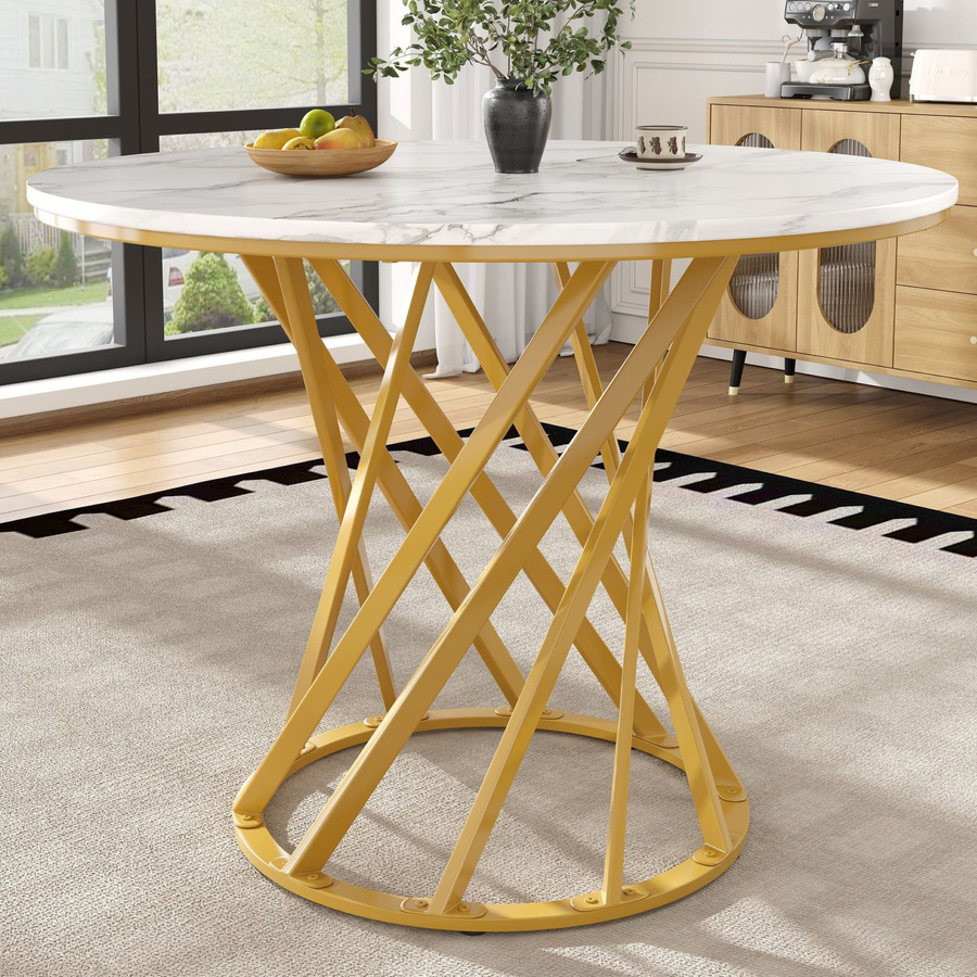 Runder Esstisch FC in Weiß und Gold mit MDF Tischplatte und Metallbeinen, B/T/H: 80 x 80 x 76 cm - Bild 2
