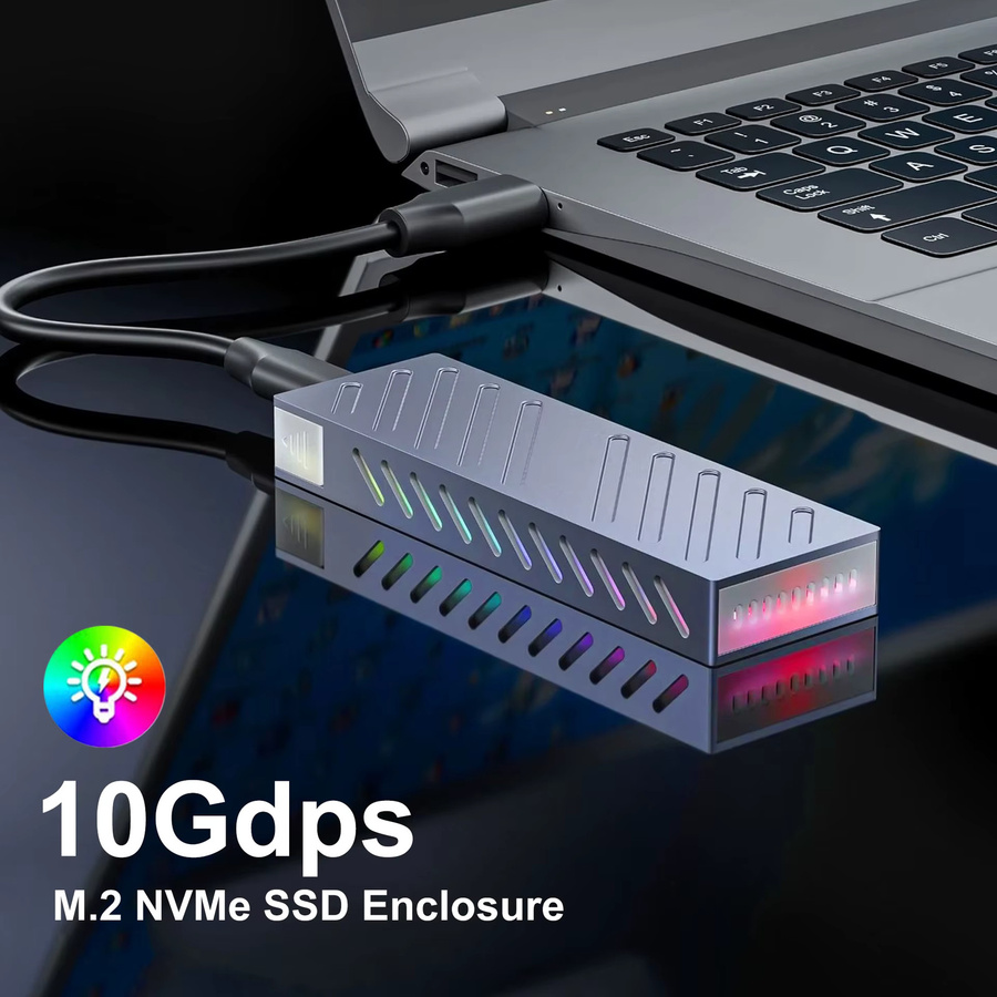 Kebidu M.2 NVMe SATA SSD Gehäuse mit RGB, USB-C 3.1 Gen2 10 Gbit/s, Externer Adapter für 2230/42/60/80, Multicolour - Bild 2
