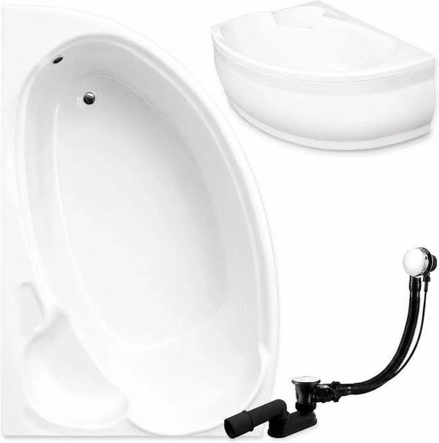 KOLMAN Eckbadewanne links in Weiß mit Acrylschürze, Ablauf und Füßen, B: 140 cm, T: 95 cm - Bild 1