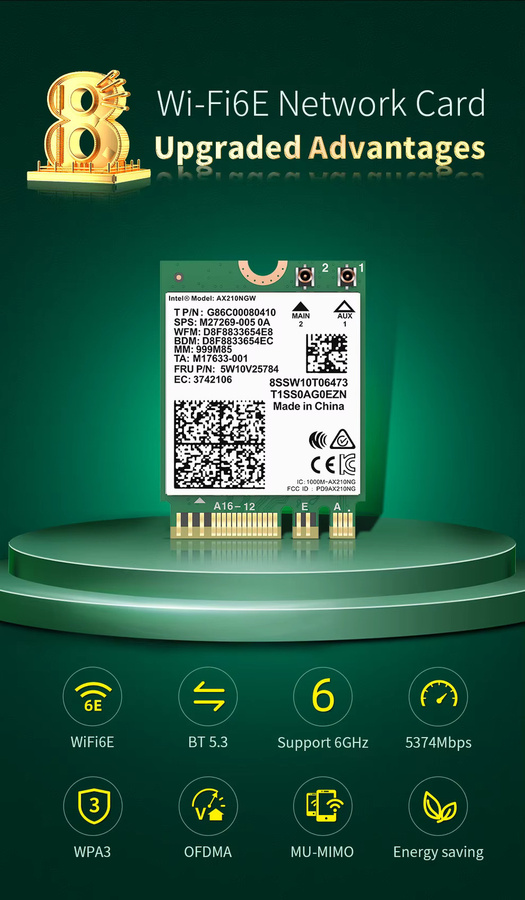 COMFAST NGFF M.2 WLAN-Modul WiFi6 AX210 mit Bluetooth 5.2 für Laptop, 2,4G/5G/6GHz, bis zu 5374Mbps/3000Mbps - Bild 3