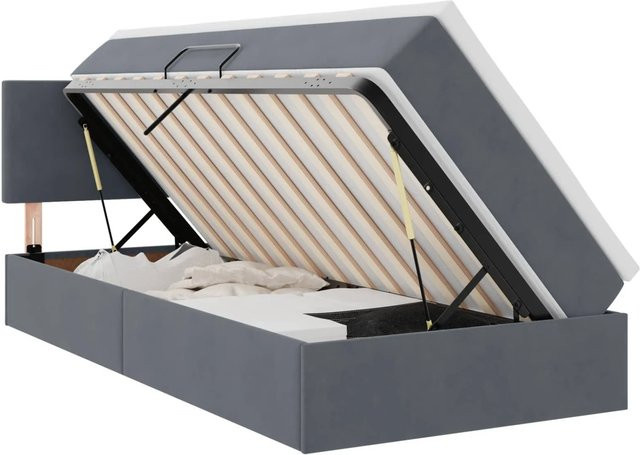 vidaXL Aufbewahrungsbett mit Matratze aus Samt in Dunkelgrau, B/T/H: 90 x 190 x 140 cm - Bild 1