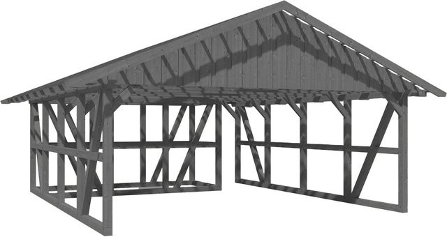 Skan Holz Carport Schwarzwald aus Fichtenholz mit Satteldach, Dachlattung und Abstellraum, Farbe: Grau, B/T/H: 684 x 772 cm - Bild 1