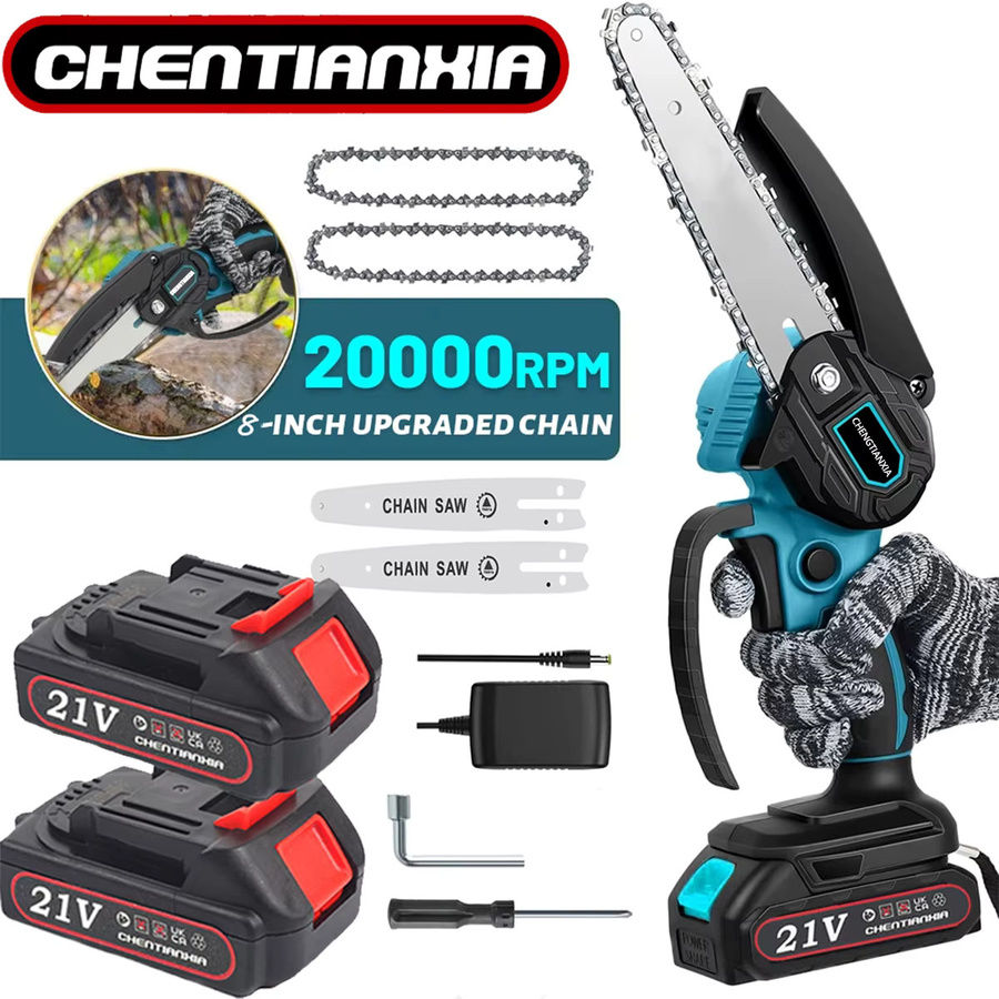 Tragbare 21V Akku-Mini-Kettensäge mit 8 Zoll Scherschwert, elektrische Kettensäge inklusive 2 wiederaufladbaren Akkus und 2 Ersatzketten für die Gartenpflege - Bild 6