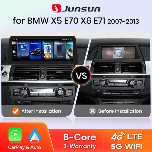 Junsun Wireless Carplay und Android Auto Autoradio für BMW X5 E70 und X6 E71 (2007-2014) mit 12,3 Zoll Display, 4G, WiFi und GPS in Schwarz - Bild 1