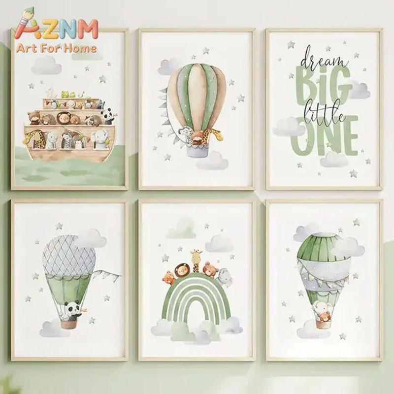 AZNM Leinwand-Poster mit nordischem Tier-Motiv und Heißluftballon in Grün für die Kinderzimmer-Dekoration - Bild 1