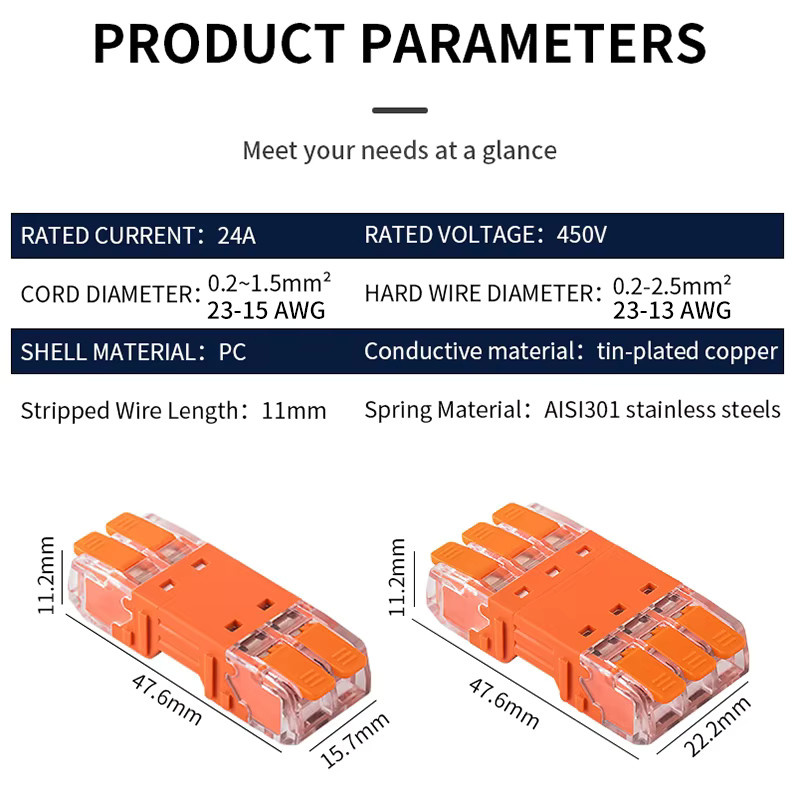 JINH Schnellhebel-Drahtverbinder Set, 5 Stück, Anschlussblöcke für Heimverkabelung, männlich und weiblich, Orange, 24 A, 20–13 AWG - Bild 2