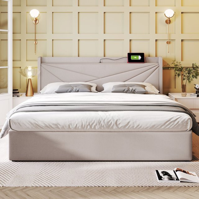 Aosom Doppelbett mit Bettkasten und USB-Ladefunktion in Beige mit Leinenstruktur und Stauraum, H x B x T: 107 x 186 x 208 cm - Bild 1
