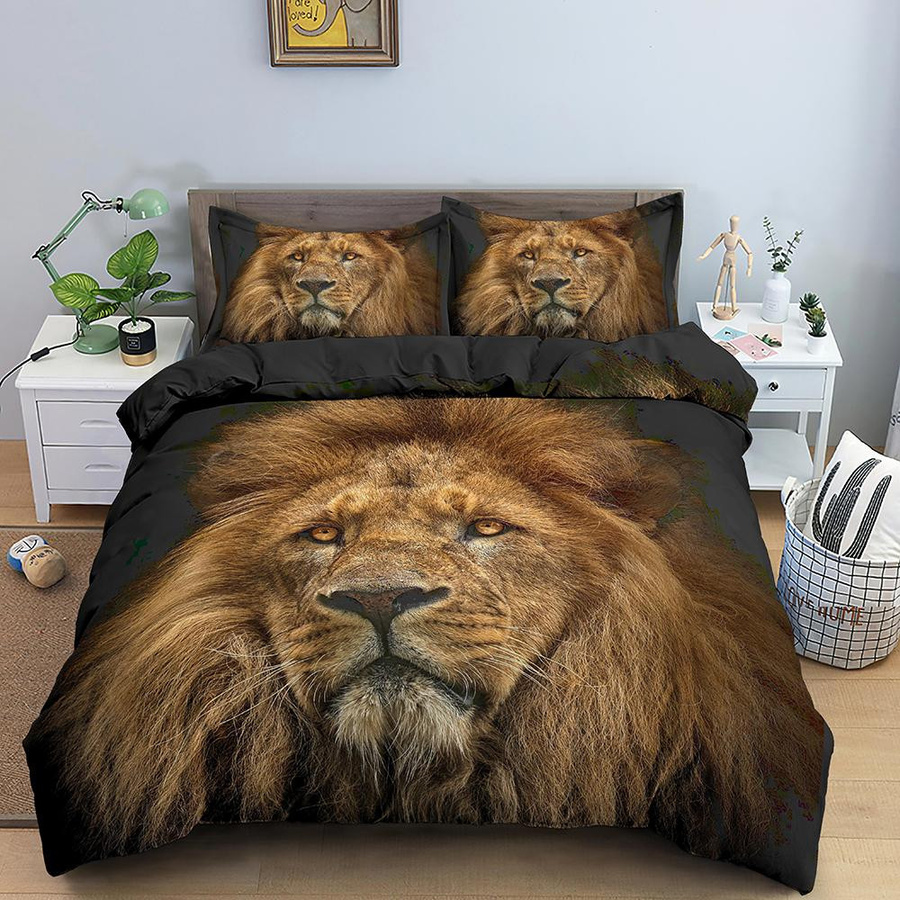 Bettbezug mit Löwenmuster im Dschungel-Design von Jessica Chen, Grau und Schwarz, 3-teiliges Set für Teenager und Jungen, B/H: 135 x 200 cm - Bild 1
