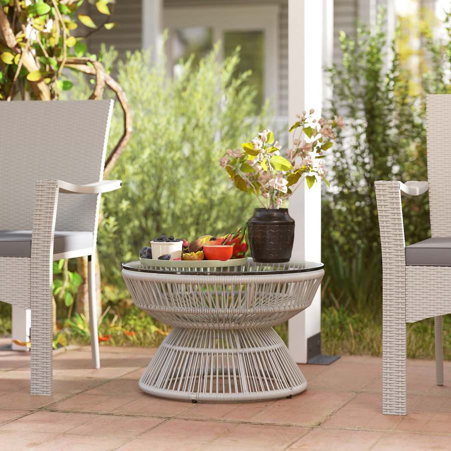 Outsunny Runder Gartencouchtisch aus Polyrattan mit Glasplatte in Hellgrau, Durchmesser: 60 cm, Höhe: 37 cm - Bild 2