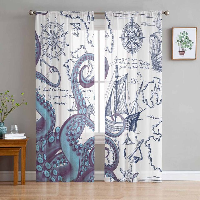 Super Six Voile-Vorhang mit Piratenschiff-Navigationskarte und Krake Motiv, transparent, weiß, B: 135 cm, H: 114 cm - Bild 1