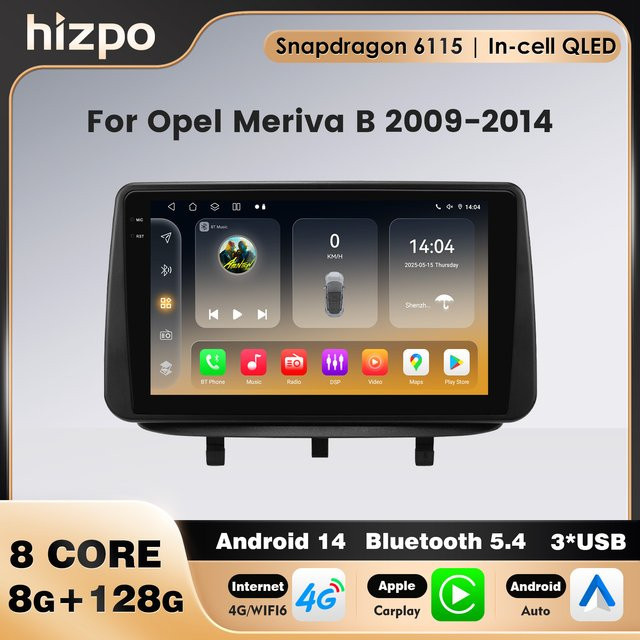 HIZPO Android 14 Auto-Multimedia-Player für Opel Meriva B 2009-2014 mit Snapdragon 6115, Drahtloses Carplay, Bluetooth und DSP Navi in Schwarz - Bild 1