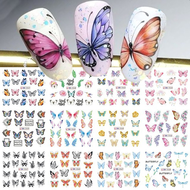 SWEET TREND Nagelwasseraufkleber Schmetterling Sommerblumen, 12 Stück, Glänzend - Bild 1
