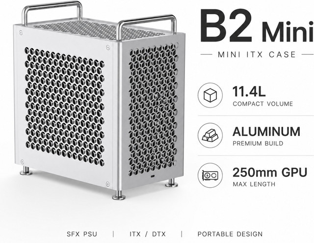 VBNM B2 Mini ITX Computer-Gehäuse aus Aluminiumlegierung in Silber mit Griff, 11,4L Volumen, unterstützt SFX/SFX-L Netzteile und bis zu 250mm GPUs - Bild 1