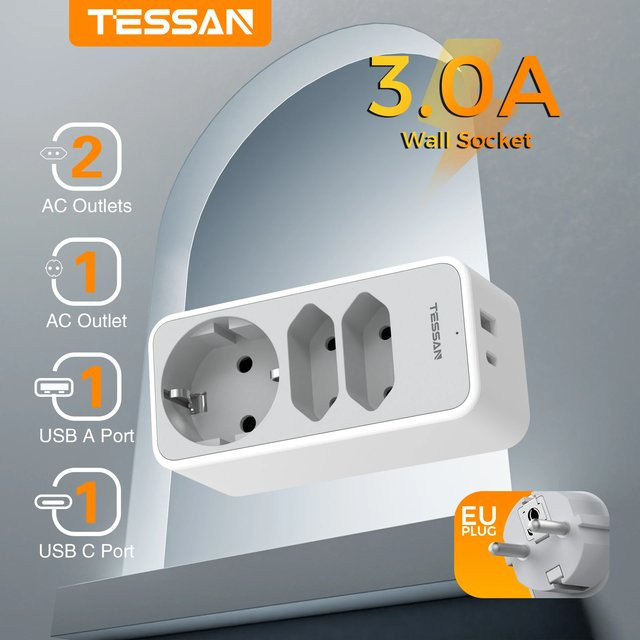 TESSAN 5-in-1 EU-Steckdosenadapter mit 3 Steckdosen, 1 USB und 1 Typ-C-Anschluss in Weiß oder Grau - Bild 1