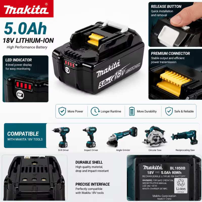 Makita 18V 5.0Ah Lithium-Ionen Akku BL1850B in Schwarz für Akku-Bohrschrauber, Winkelschleifer und Kreissägen - Bild 8