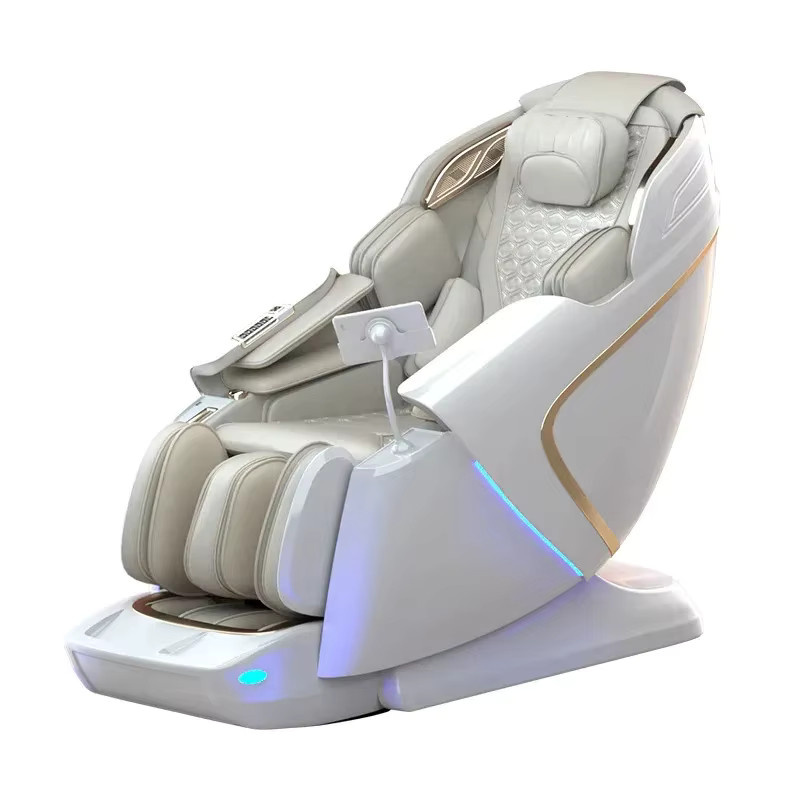 OUCEY Dual-Core 4D SL-Track Zero-Gravity Ganzkörper-Massagesessel mit 3D Thai Stretch und elektrischer Beinhebung in Weiß-Gold mit Kunstleder-Bezug - Bild 2
