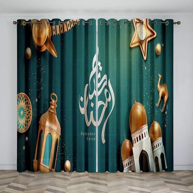 Ramadan Kareem Vorhänge aus Polyester in Grün mit Grafikdruck, halbtransparent, B: 100 cm, H: 60 cm - Bild 1