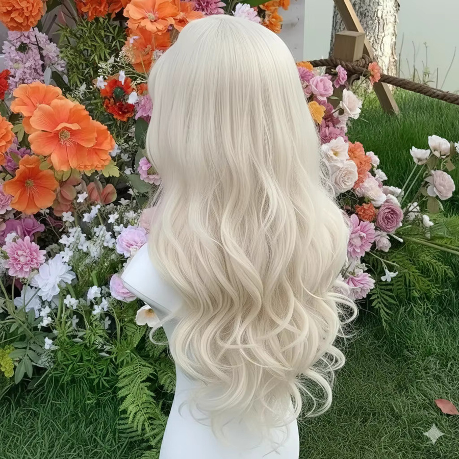 Weiße blonde Perücke für Damen, 66 cm, gewellt mit Pony, synthetisch - Bild 2